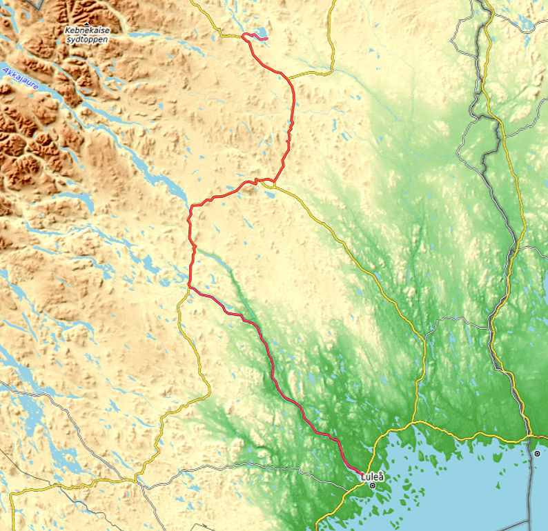 Carte OpenTopoMap entre Boden et Jukkasjärvi