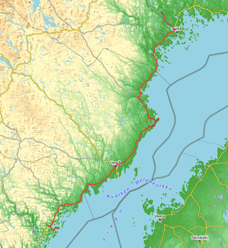 Carte OpenTopoMap entre Norrfällsviken et Boden