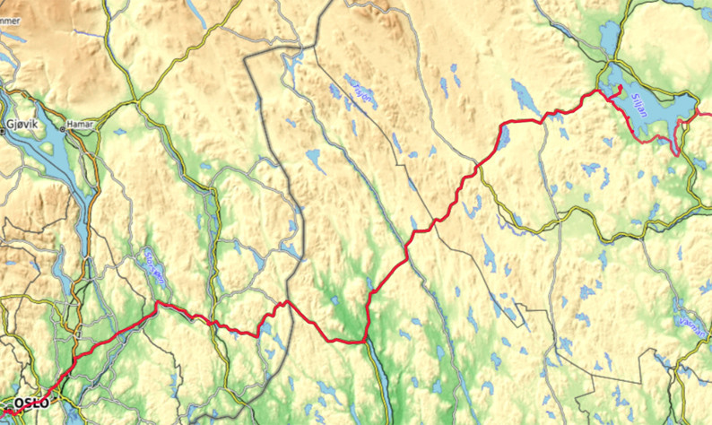 Carte OpenTopoMap de la zone entre Oslo et le Lac Siljan