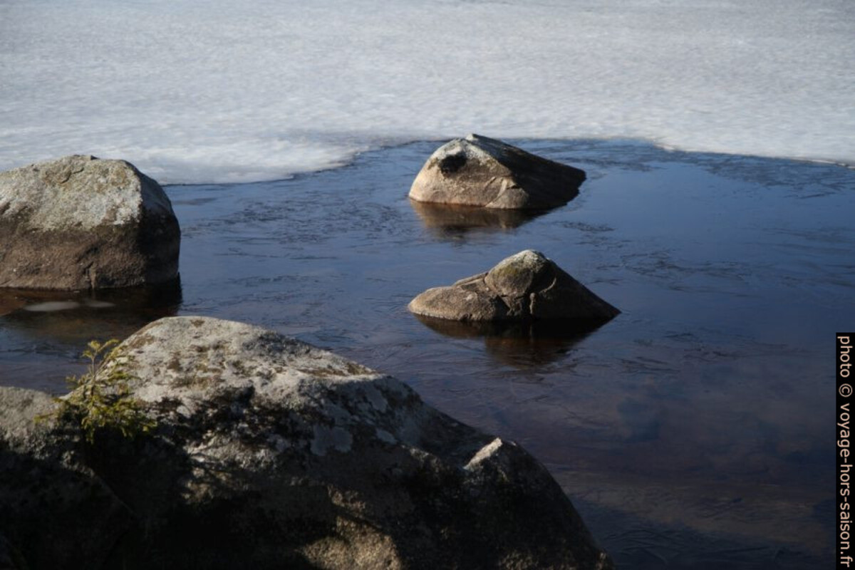 Rochers dans le lac Rällsjön gelé. Photo © Alex Medwedeff
