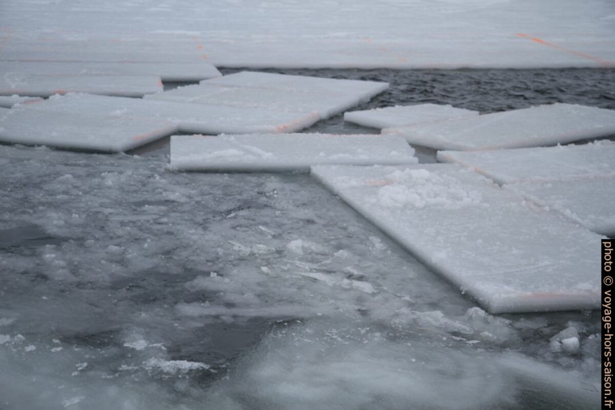 Blocs de glace découpés pour être retirés de l'eau. Photo © Alex Medwedeff