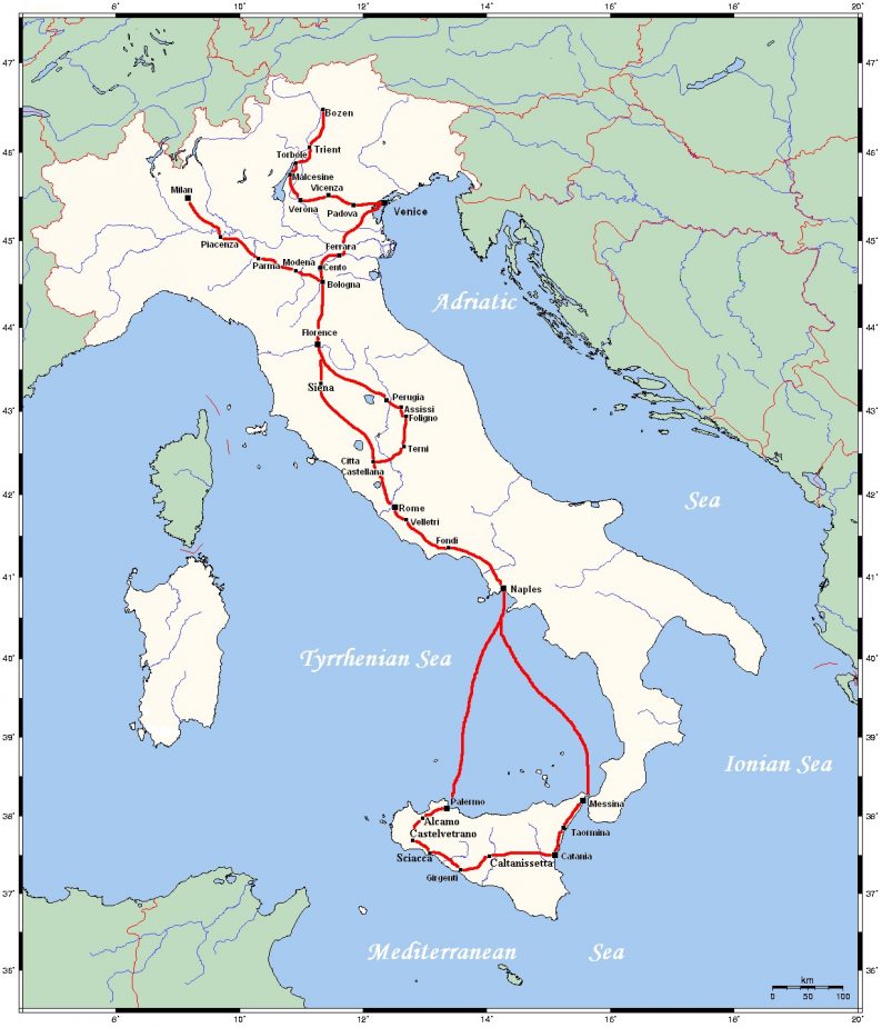 Route du voyage de Goethe en Italie. Photo Wikimedia CCSA3 Zello