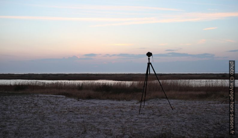 Trépied et appareil photo au coucher de soleil. Photo © Alex Medwedeff