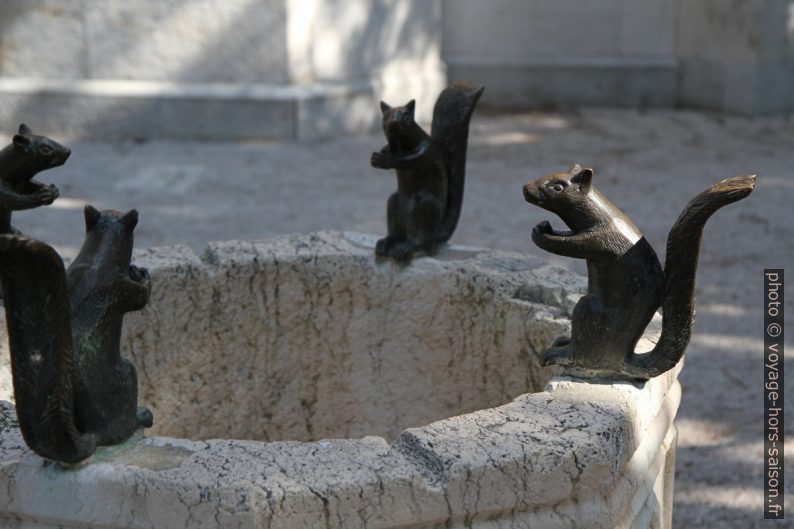 Écureuils en bronze sur une auge en pierre. Photo © Alex Medwedeff