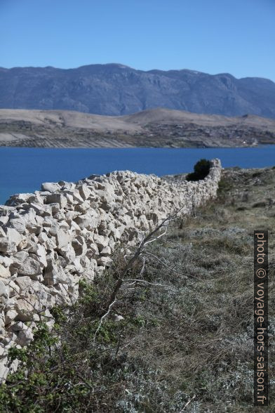 Mur en pierre sèche rectiligne et le Baie de Pag. Photo © Alex Medwedeff