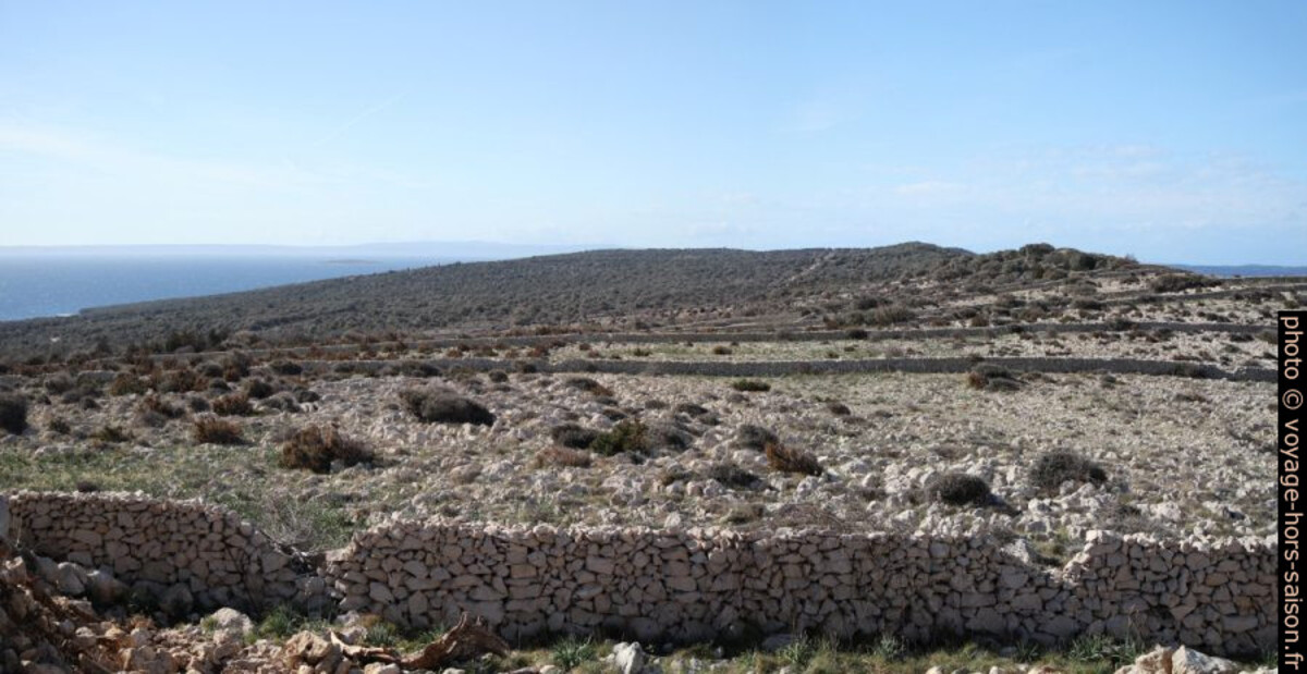 Murs en pierre sèche sur la crête de la presqu'île de Lun. Photo © Alex Medwedeff