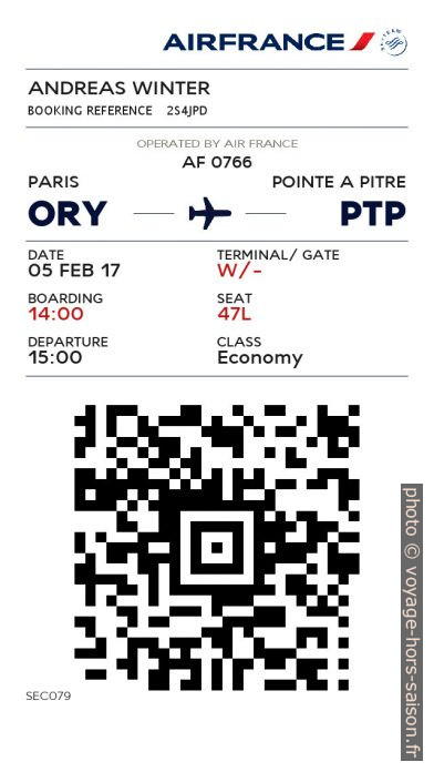Carte d'embarquement électronique d'Air France ORY-PTP