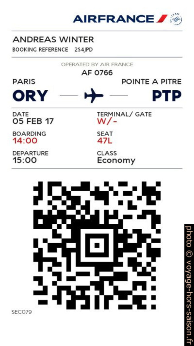 Carte d'embarquement électronique d'Air France ORY-PTP