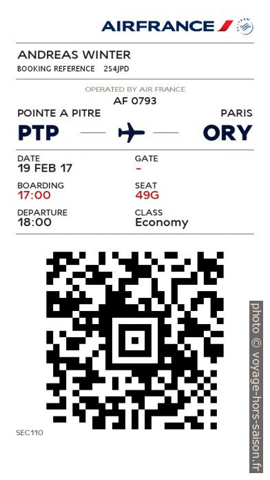 Carte d'embarquement électronique d'Air France PTP-ORY