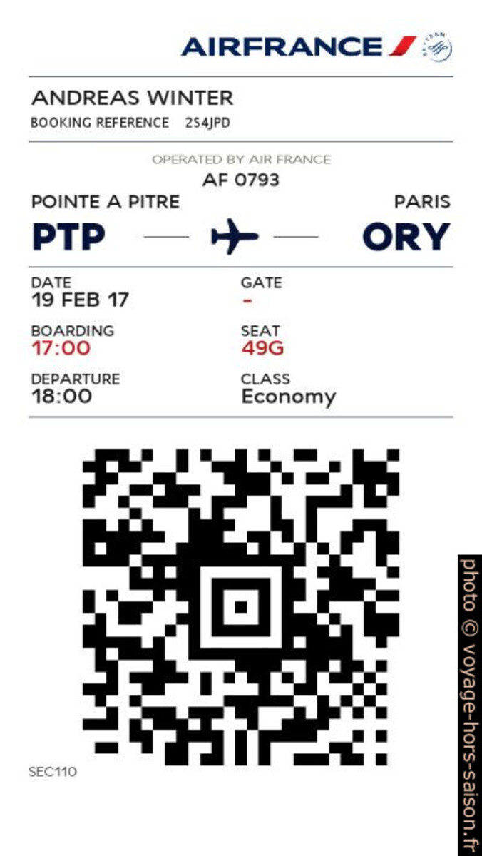 Carte d'embarquement électronique d'Air France PTP-ORY