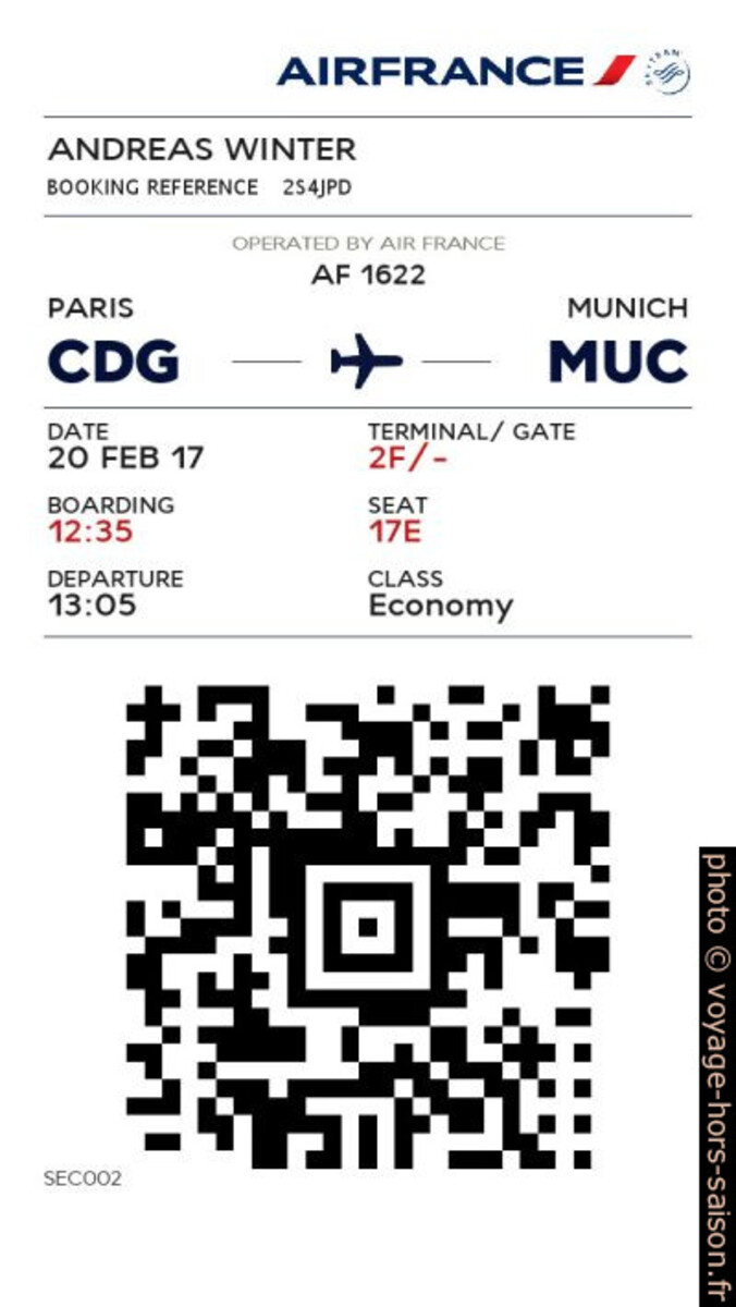 Carte d'embarquement électronique d'Air France CDG-MUC