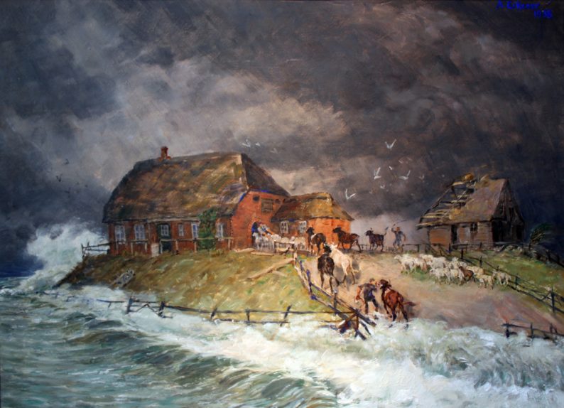 Une Hallig lors d’un raz-de-marée par Alexander Eckener , peinture de 1938, les maisons dépeintes dans le livre ressemblent plutôt à celle sur la droite