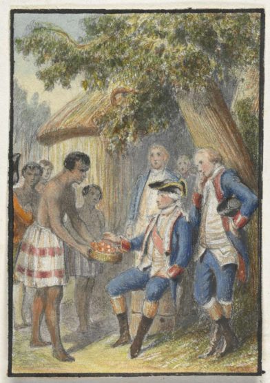 Tahitiens présentant des fruits à Bougainville entouré de ses officiers