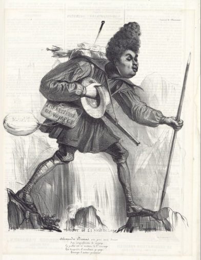 Caricature de Dumas traversant un “Torrent de 25 pieds de large”, donc près de 8 mètres (1838). On se moquait déjà à l’époque de ses exagérations.