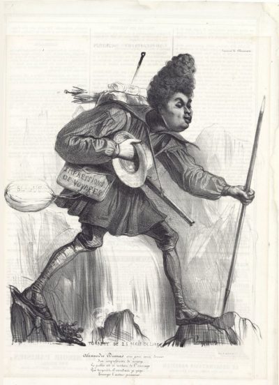 Caricature de Dumas traversant un “Torrent de 25 pieds de large”, donc près de 8 mètres (1838). On se moquait déjà à l’époque de ses exagérations.