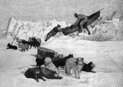 Traîneau bloqué dans la glace et chiens en attente (dessin de Nansen)