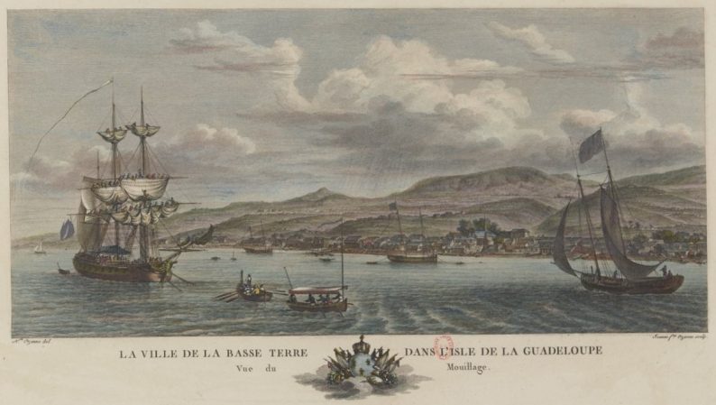 Vue du mouillage de la ville de Basse-Terre en Guadeloupe en 1776 par Nicolas Ozanne