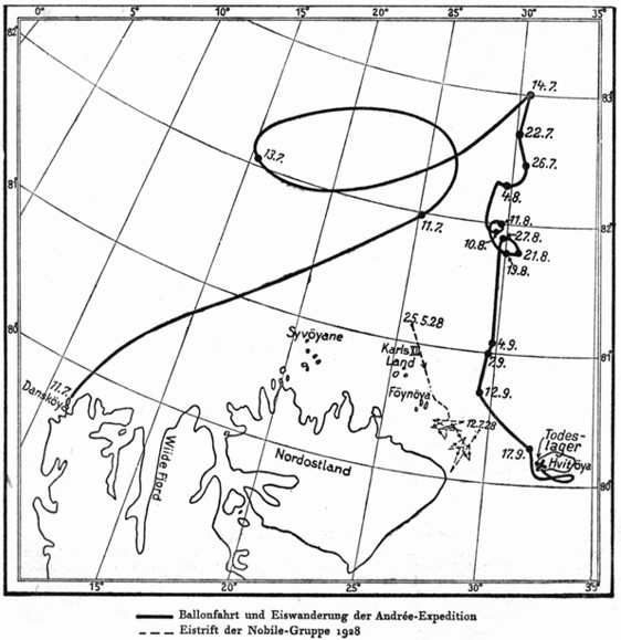 Carte du vol d’Andrée et son retour à pied vers le sud