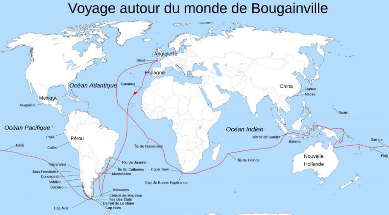 Carte du tour du monde de la Boudeuse et l'Étoile. Carte Wikipedia CCSA3 Jeffdelonge