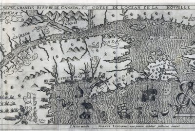 Carte de Marc Lescarbot, “Figvre de la terre nevve, grande riviere de Canada, et côtes de l’ocean en la Novvelle France, 1609”. Il faisait partie de l’expédition de l’Acadie en 1603-1607, avec Pierre Dugua de Mons et Champlain.