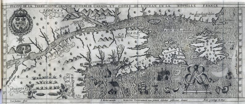 Carte de Marc Lescarbot, “Figvre de la terre nevve, grande riviere de Canada, et côtes de l’ocean en la Novvelle France, 1609”. Il faisait partie de l’expédition de l’Acadie en 1603-1607, avec Pierre Dugua de Mons et Champlain.