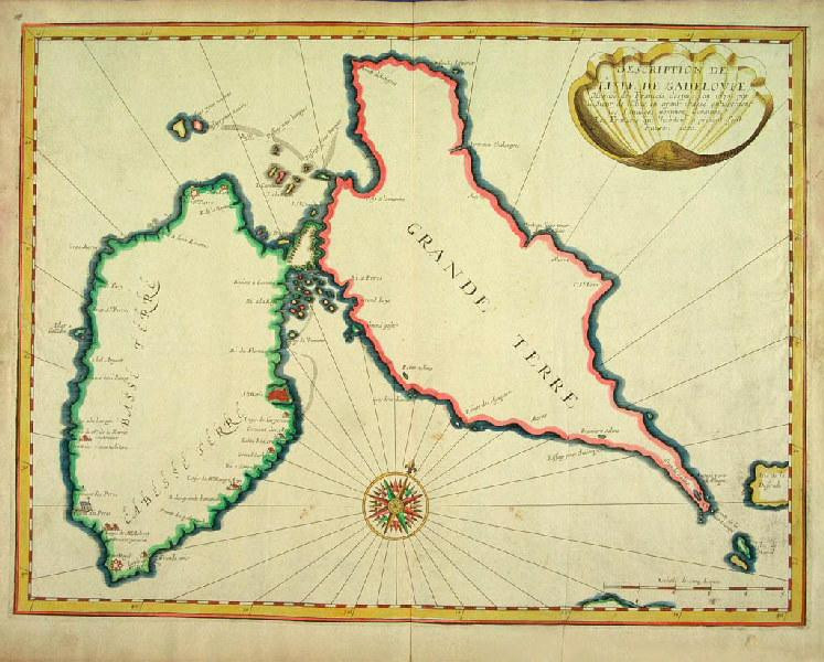 Carte de Guadeloupe par Boisseau de 1673, donc au temps où Jean-Baptiste Labat arrive aux Îles