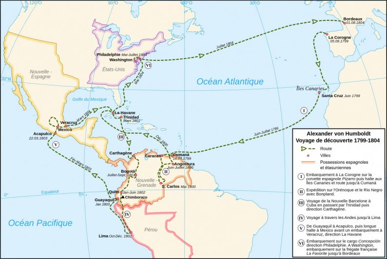 Route du voyage de Humboldt. Carte Wikimedia CCSA2.5 Historicair