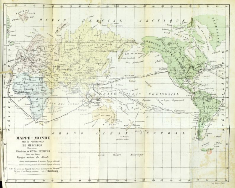 Carte du trajet d’Ida Pfeiffer tiré de la traduction française. Le trajet du présent récit et tracé en tirets.