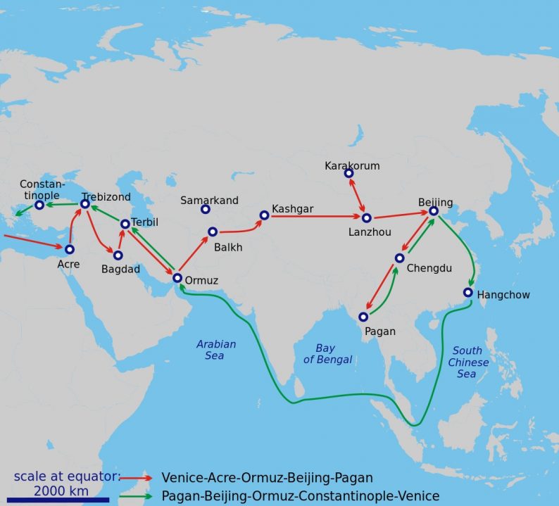 Voyages aller et retour de Marco Polo. Carte Wikimedia CCSA3 Classical geographer