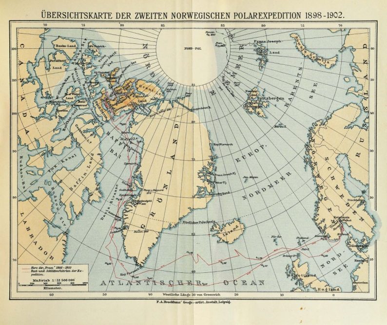 Carte montrant la route de l’expédition, extraite de la version allemande du livre, en orange la partie découverte et cartographiée lors des quatre années sur place