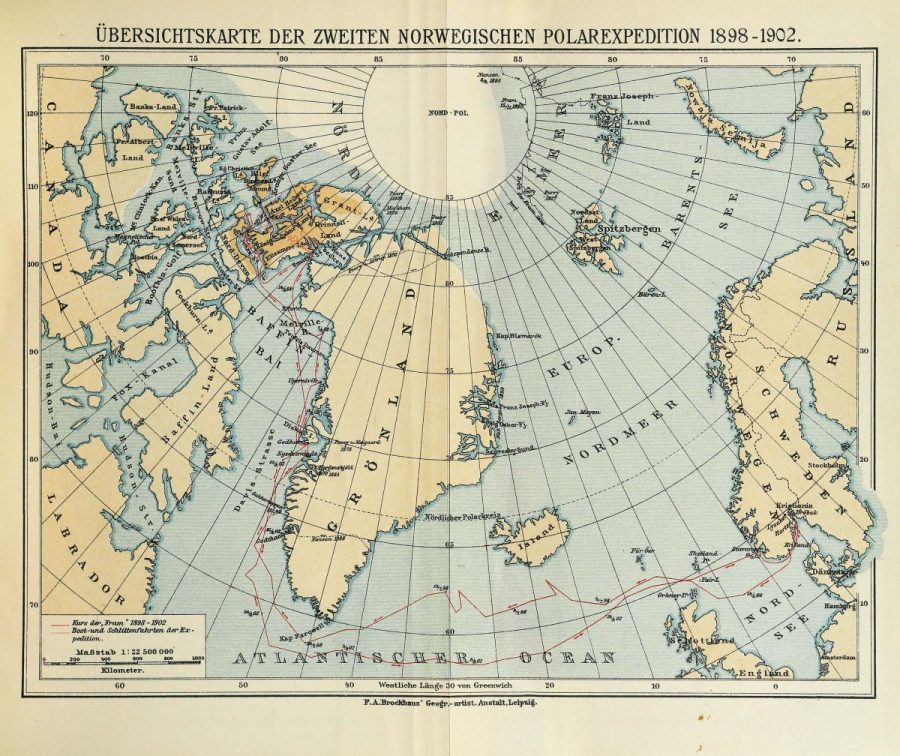 Carte montrant la route de l’expédition, extraite de la version allemande du livre, en orange la partie découverte et cartographiée lors des quatre années sur place