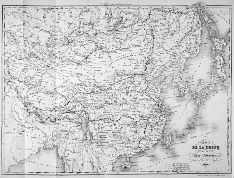 Carte de la Chine avec le le trajet du voyage d’Evariste Huc, elle était jointe à une version réimprimée du livre de 1850, la carte de base est par A. H. Dufour et date des années 1840