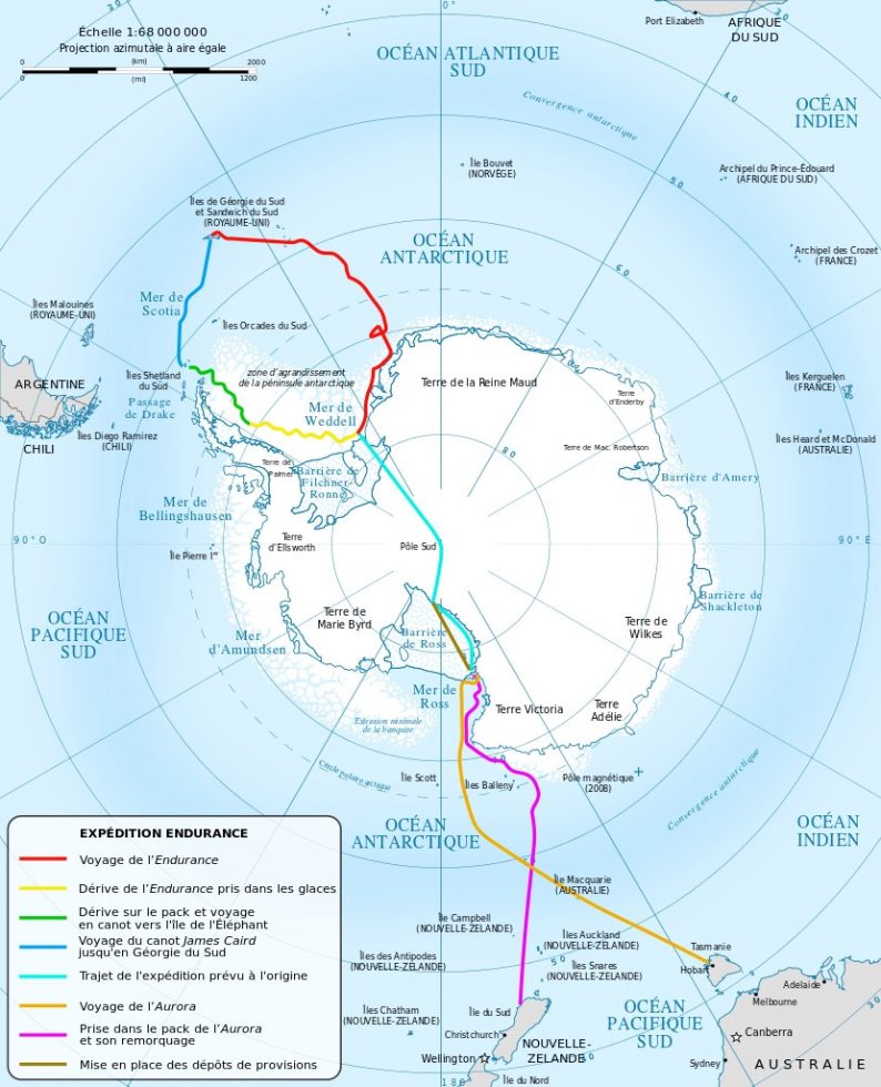 Carte des routes de l’expédition de Shackleton. Carte Wikimedia CCSA4 Sémhur