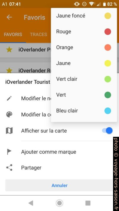 Capture d'écran de OSMAnd lors du changement des couleurs