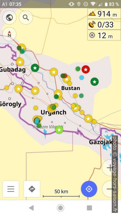 Capture d'écran avec points coloriés sur l'Ouzbékistan