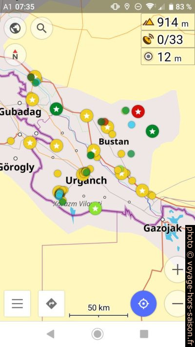 Capture d'écran avec points coloriés sur l'Ouzbékistan