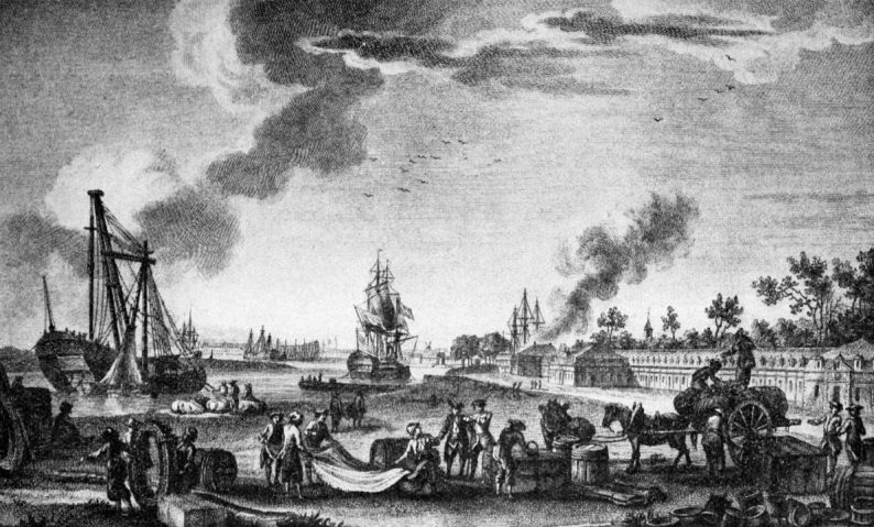 Le port de Rochefort au 18e siècle. Dessin d’Ozanne, gravure de le Guaz.