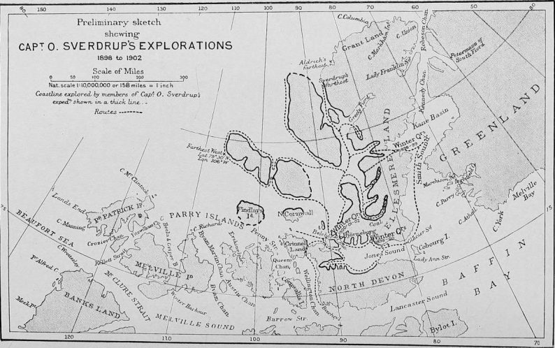 Carte des explorations par Sverdrup publiée dans un cahier de National Geographics de 1902