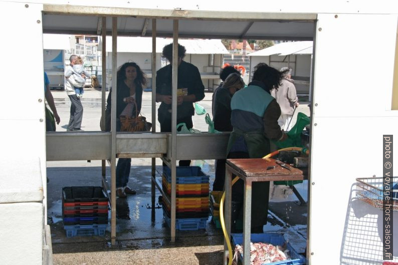 Clients tardifs au stand au marché de poissons au Port de Carro. Photo © André M. Winter