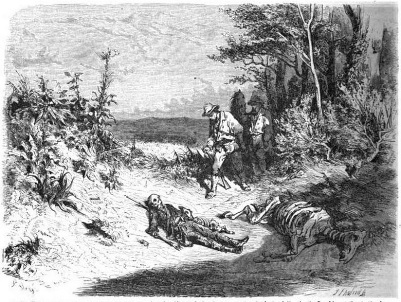 "Restes d'un voyageur retrouvé par ses compagnons dans les déserts du lac Torrens". Dessin de Doré d'après un ouvrage intitulé The Rambles at the Antipodes (Excursion aux antipodes)