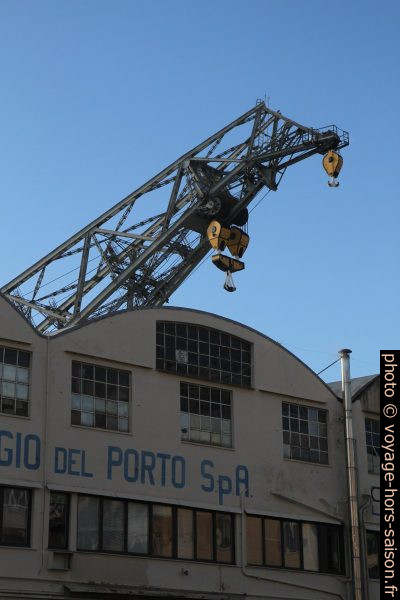 Grande grue du port de Gênes au-dessus un hangar. Photo © Alex Medwedeff