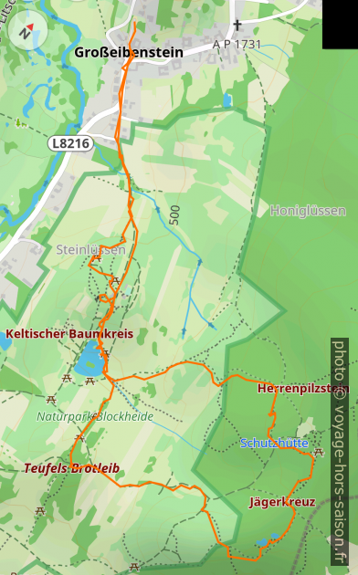Carte et tracé GPS du tour dans la lande de Gmünd. Photo © André M. Winter