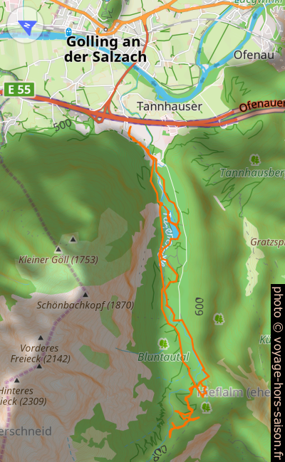 Carte et tracé GPS de la vallée Bluntatal, le nord est à gauche. Photo © André M. Winter