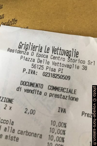 Facture d'un restaurant de la Piazza delle Vettovaglie. Photo © Alex Medwedeff