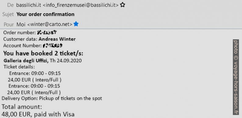 Email avec code de réservation pour la Galerie des Offices. Photo © André M. Winter