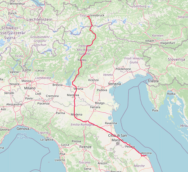 Carte OpenStreetMap de notre route d'Ancône au Tyrol