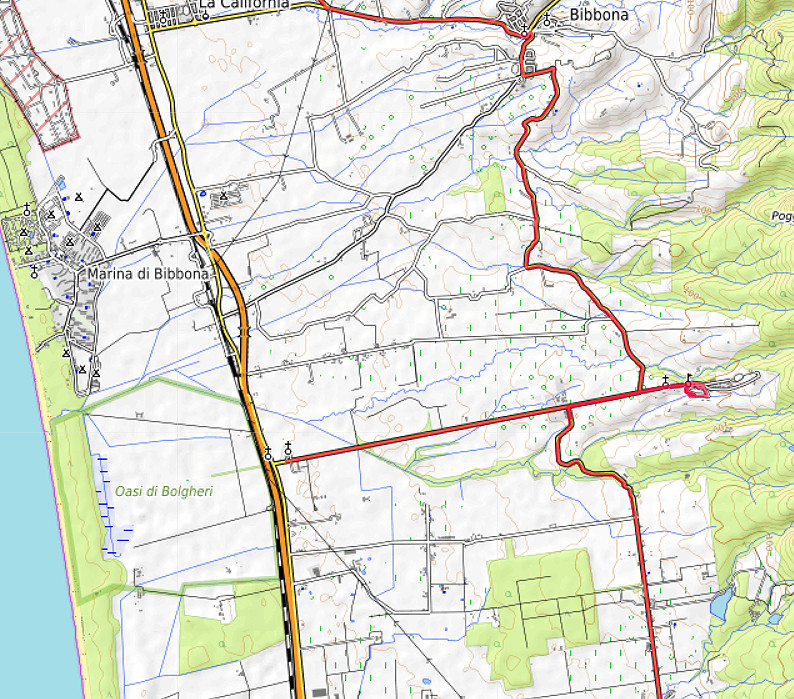 Carte OpenTopoMap du Viale dei Cipressi et de Bolgheri