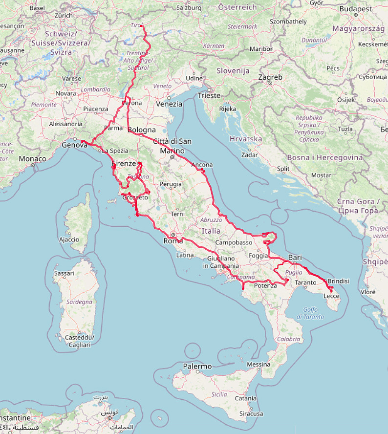 Carte OpenStreetMap de notre tour en Italie en automne 2020