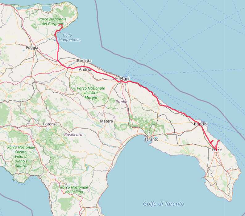 Carte OpenStreetMap de notre route de Lecce à Gargano