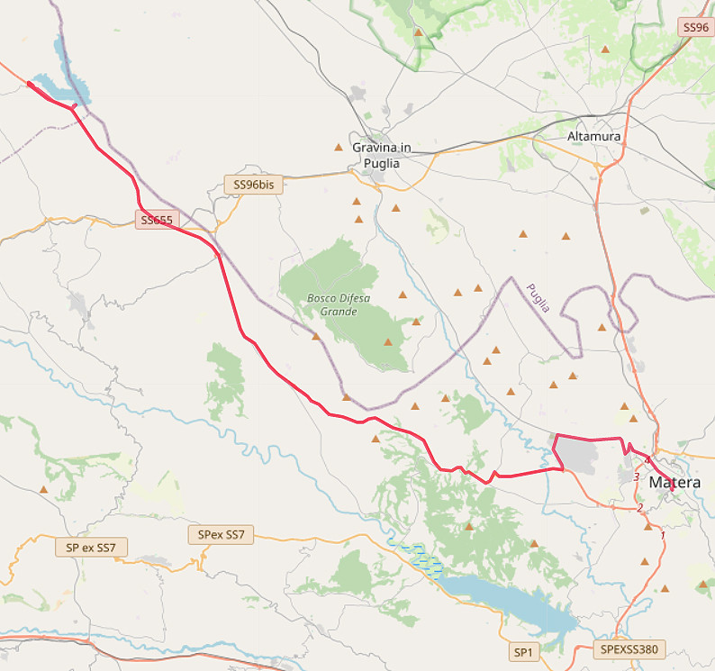 Carte OpenStreetMap de notre route de Matera au Lago di Serra di Corvo